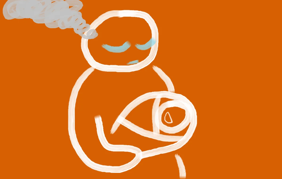 A lost and despondent face with a baby in hand